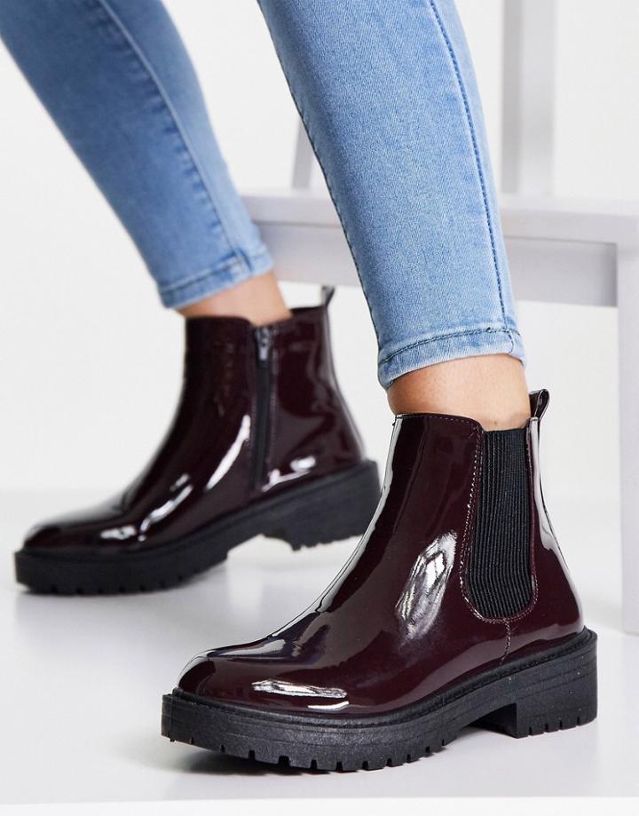 New Look Chunky Flat Chelsea Patent Boot In Red