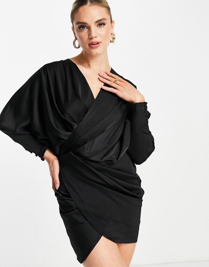 Asos Design Plunge Drape Detail Mini Dress With Batwing Sleeve In Black