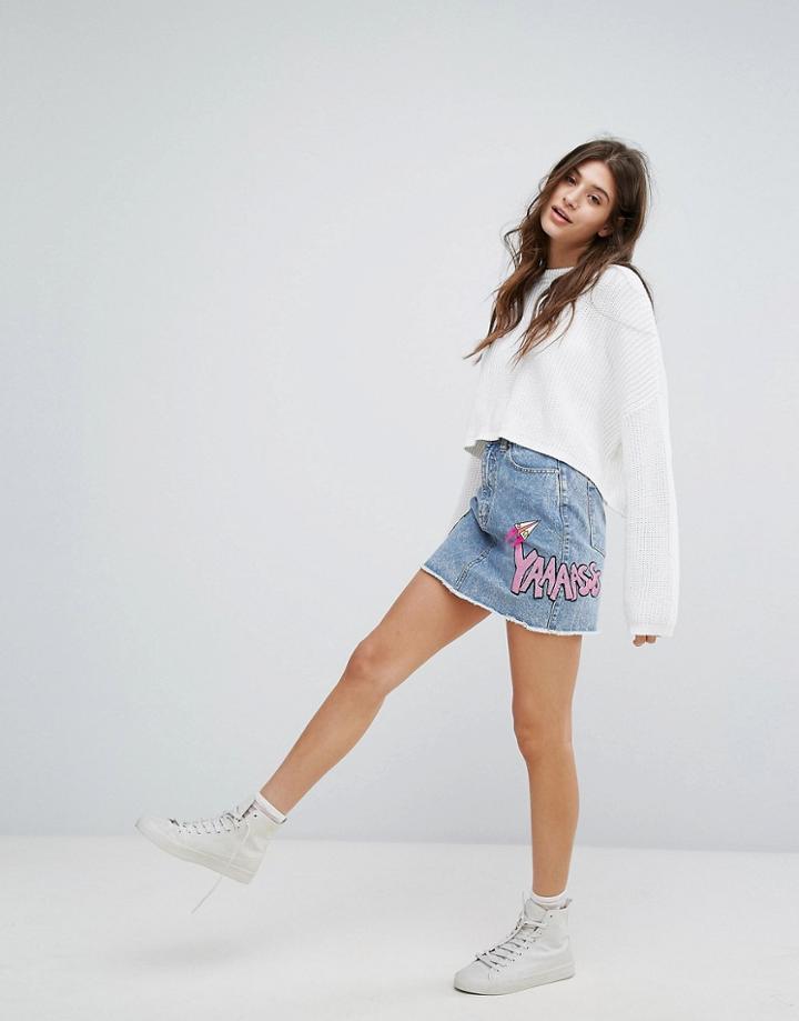 Bershka Yaaaasss Patch Denim Skirt - Blue