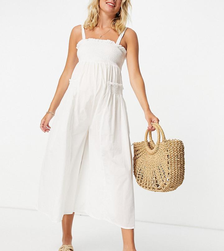 Asos Design Maternity Shirred Elastic Back Jumpsuit In White