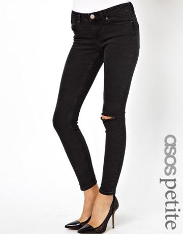Asos Petite Whitby Low Rise Skinny Ankle Grazer Jeans In Washed Black With Ripped Knee