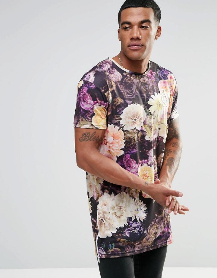 Siksilk Longline Floral T-shirt - Black