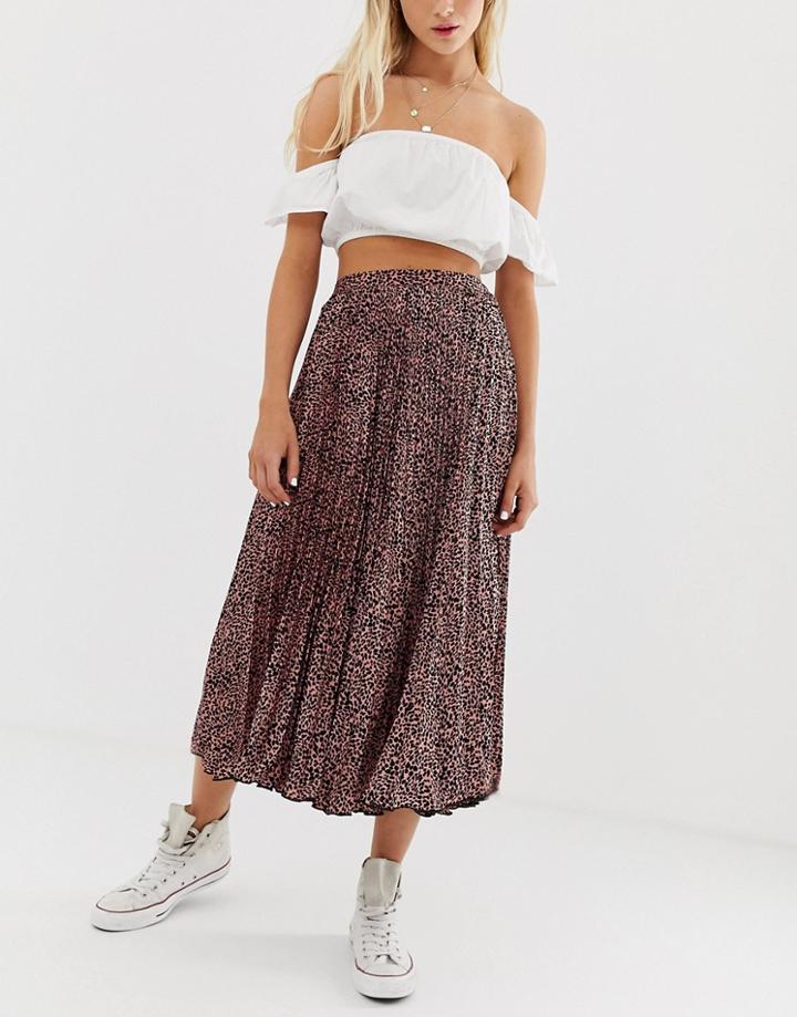 Pull & Bear Pleated Midi Skirt In Animal Print - Black