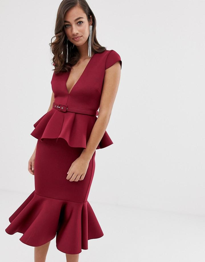 Asos Design Belted Peplum Detail Midi Dress With Pep Hem-red