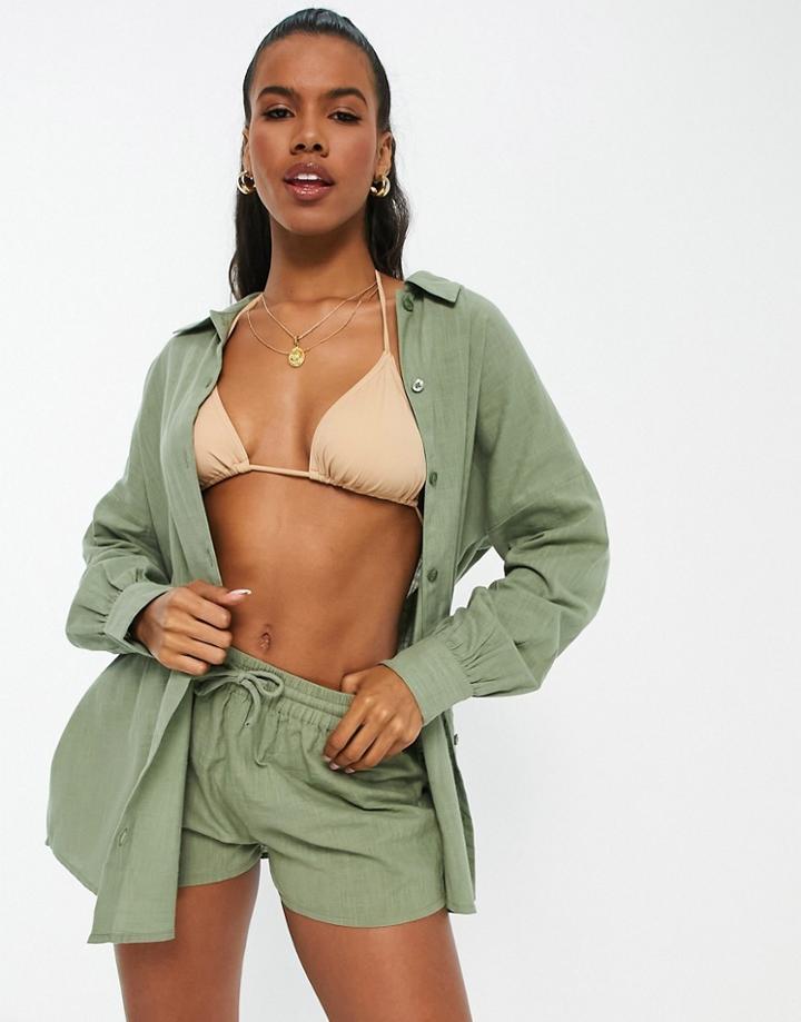 Asos Design Textured Button Through Beach Shirt In Khaki-green