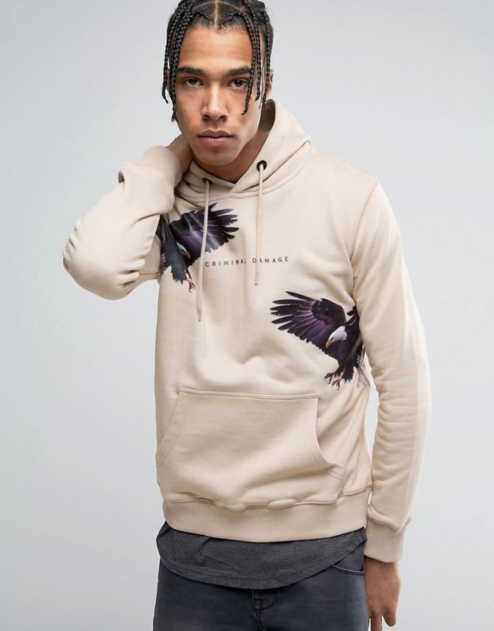 Criminal Damage Hoodie In Stone With Eagle Print - Stone