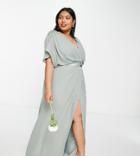 Asos Design Curve Bridesmaid Short Sleeve Cowl Front Maxi Dress With Button Back Detail-green