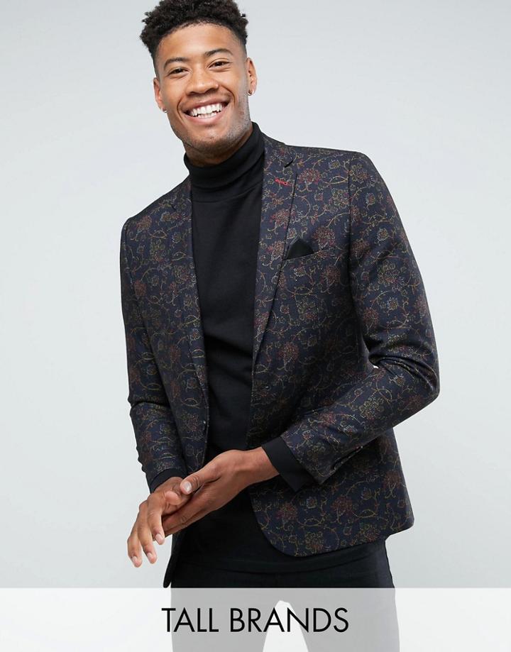 Harry Brown Tall Khaki Flocked Floral Slim Fit Jacket - Black
