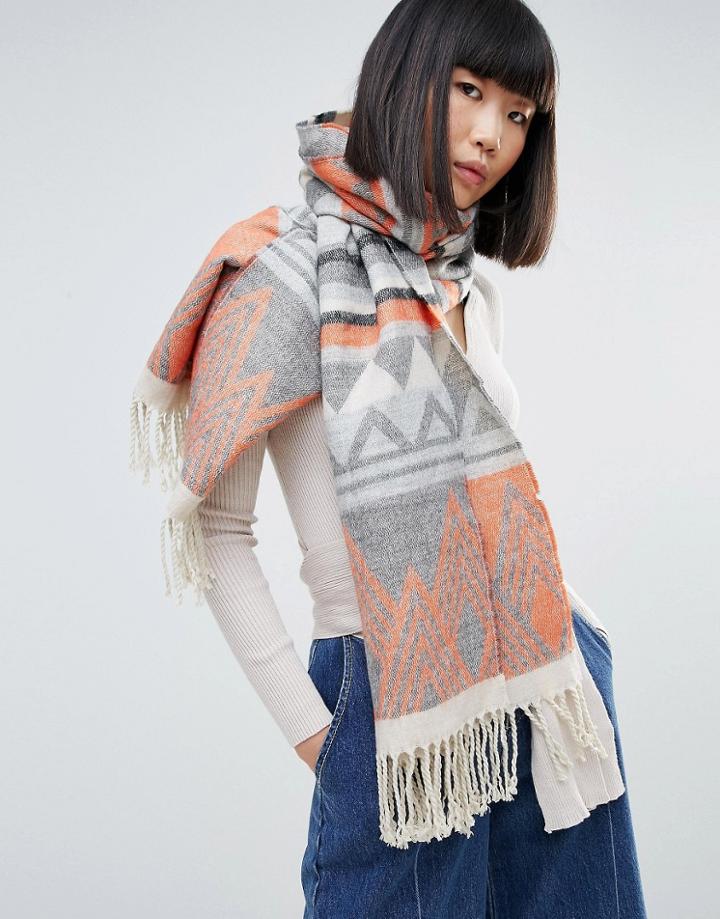 Pieces Pom Pom Detail Knitted Scarf - Gray