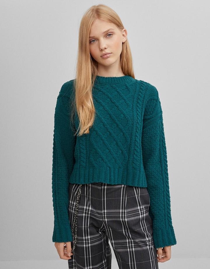 Bershka Cable Knit Chenille Sweater In Green
