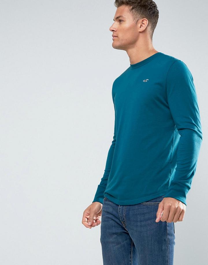 Hollister Long Sleeve Top Crew Icon Logo Slim Fit In Teal - Navy