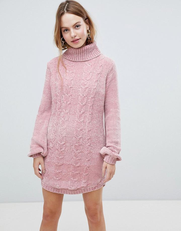 Qed London Chunky Cable Knit Sweater Dress With Roll Neck - Pink
