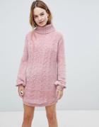 Qed London Chunky Cable Knit Sweater Dress With Roll Neck - Pink