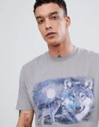 Asos Design Relaxed T-shirt With Retro Wolf Print - Gray