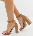 Asos Design Wide Fit Highlight Barely There Block Heeled Sandals In Beige - Beige