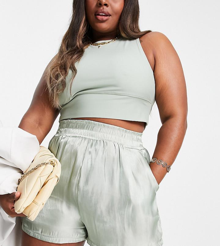 In The Style Plus X Naomi Genes Coordinating Satin Boyfriend Shorts In Sage-green
