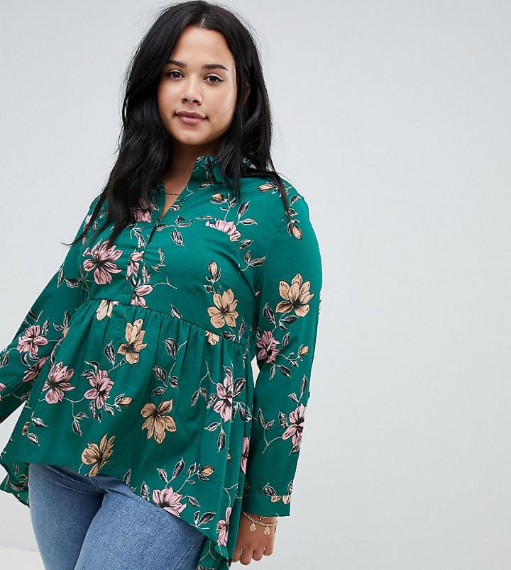 Influence Plus Floral Print Dim Hem Peplum Shirt - Green