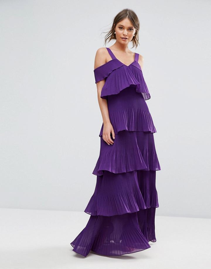 True Decadence Pleated Maxi Dress In Tiers And Cold Shoulder - Purple