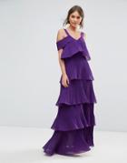 True Decadence Pleated Maxi Dress In Tiers And Cold Shoulder - Purple