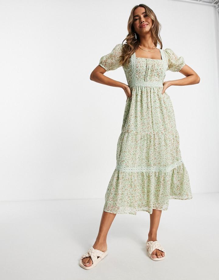 Influence Tie Back Tiered Midi Dress With Lace Trim In Sage Floral Print-multi