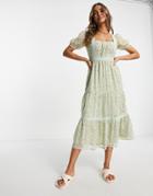 Influence Tie Back Tiered Midi Dress With Lace Trim In Sage Floral Print-multi