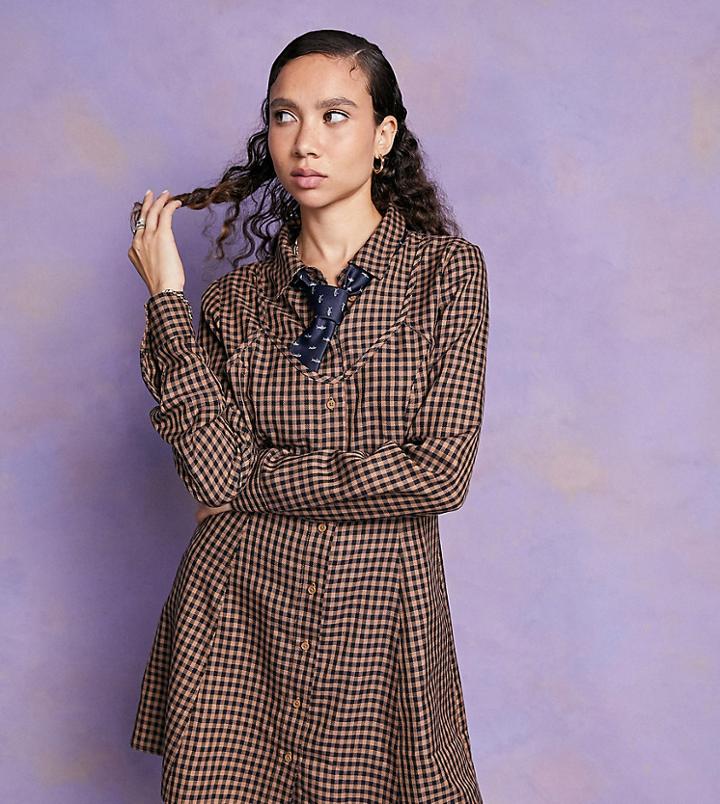 Collusion Mini Shirt Dress With Bra Top In Brown Check