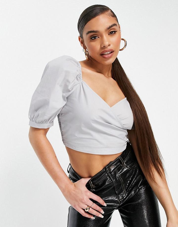 Na-kd Puff Sleeve Wrap Blouse In Light Blue-blues