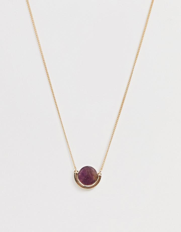Asos Design Necklace With Semi-precious Agate Stone And Geo Bar In Gold Tone - Gold