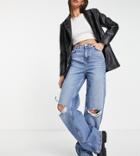 New Look Tall Ripped Wide Leg Dad Jean In Mid Blue-blues