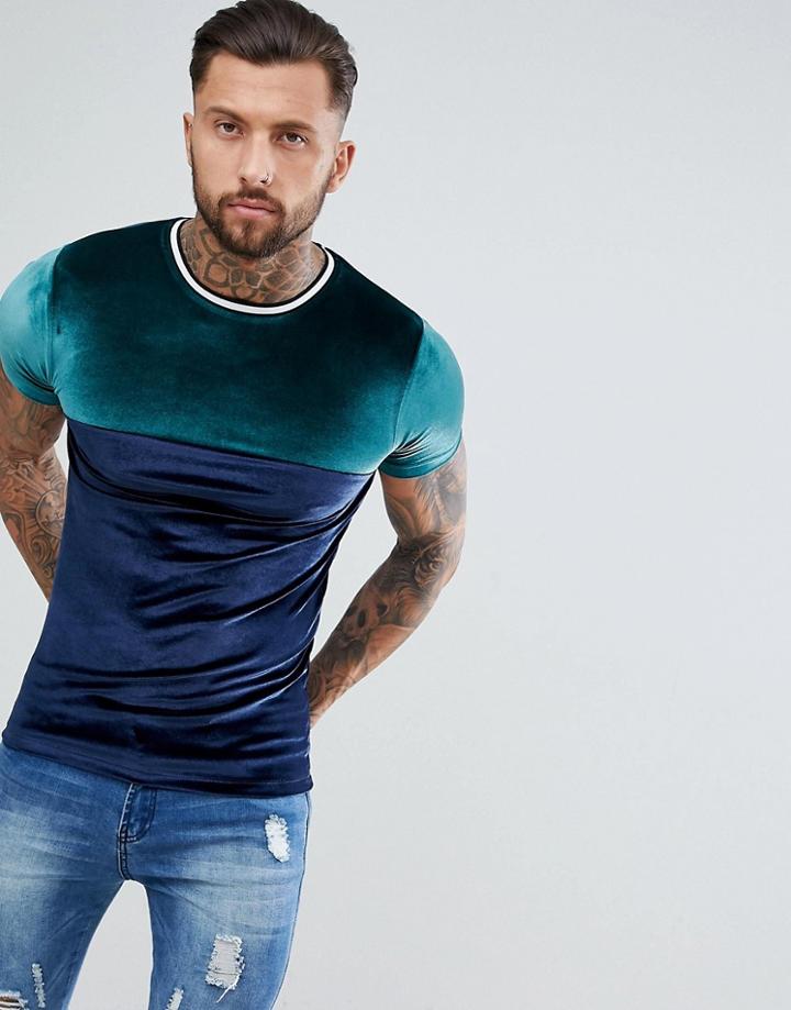 Asos Design Muscle T-shirt In Velour With Contrast Yoke And Tipping - Green