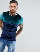 Asos Design Muscle T-shirt In Velour With Contrast Yoke And Tipping - Green