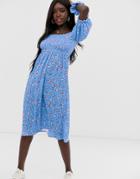 Asos Design Ditsy Print Midi Shirred Bardot Sundress With Matching Scrunchie - Multi