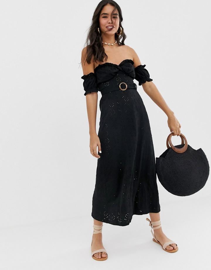 Asos Design Bardot Maxi Broderie Sundress With Tortoiseshell Belt - Black
