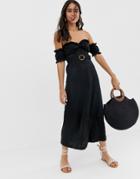 Asos Design Bardot Maxi Broderie Sundress With Tortoiseshell Belt - Black