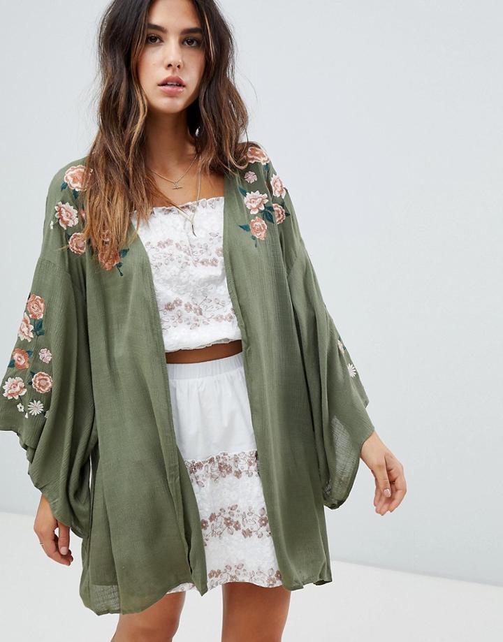 Lunik Floral Embroidered 3/4 Sleeve Kimono - Green
