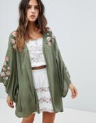 Lunik Floral Embroidered 3/4 Sleeve Kimono - Green