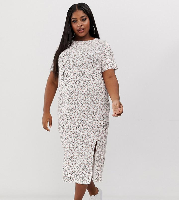 Daisy Street Plus Midi T-shirt Dress With Split In Ditsy Floral Print-multi