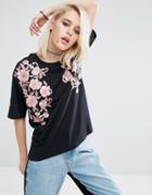 Asos T-shirt With Floral Embroidery - Black