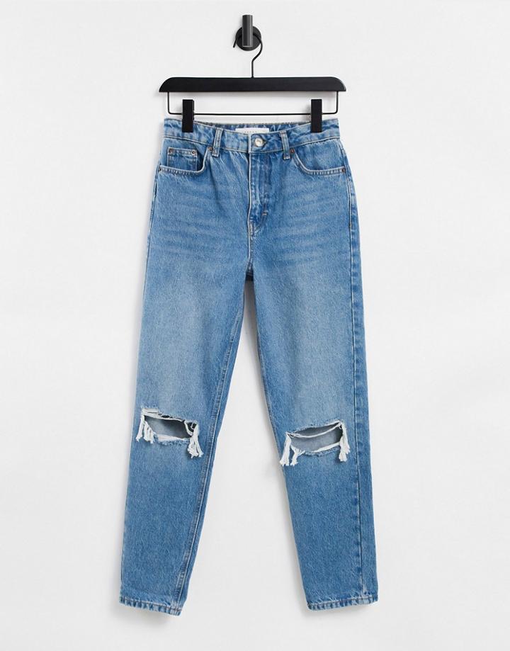 Topshop Recycled Cotton Blend Mom Jeans In Mid Wash Blue-blues