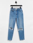 Topshop Recycled Cotton Blend Mom Jeans In Mid Wash Blue-blues