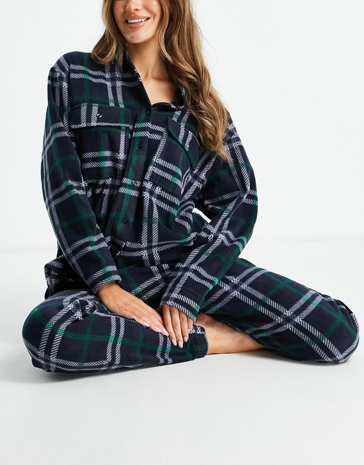 Chelsea Peers Polyester Check Shacket And Jogger Set In Black/green - Multi
