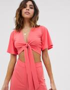 Unique21 Angle Sleeve Tie Front Crop Top - Pink