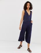 Asos Design Sleeveless V Neck Minimal Jumpsuit With Pockets-navy