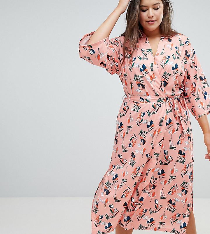 Uttam Boutique Plus Belted Floral Midi Dress With Flute Sleeve - Black