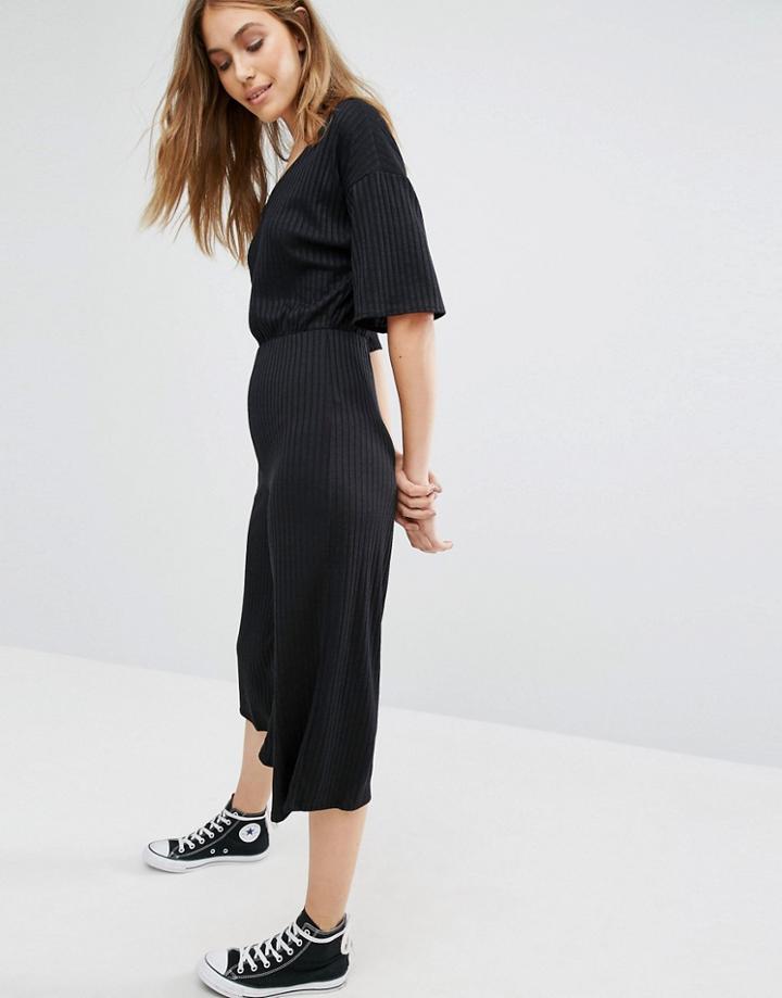 Pull & Bear Ribbed Culotte Jumpsuit - Black