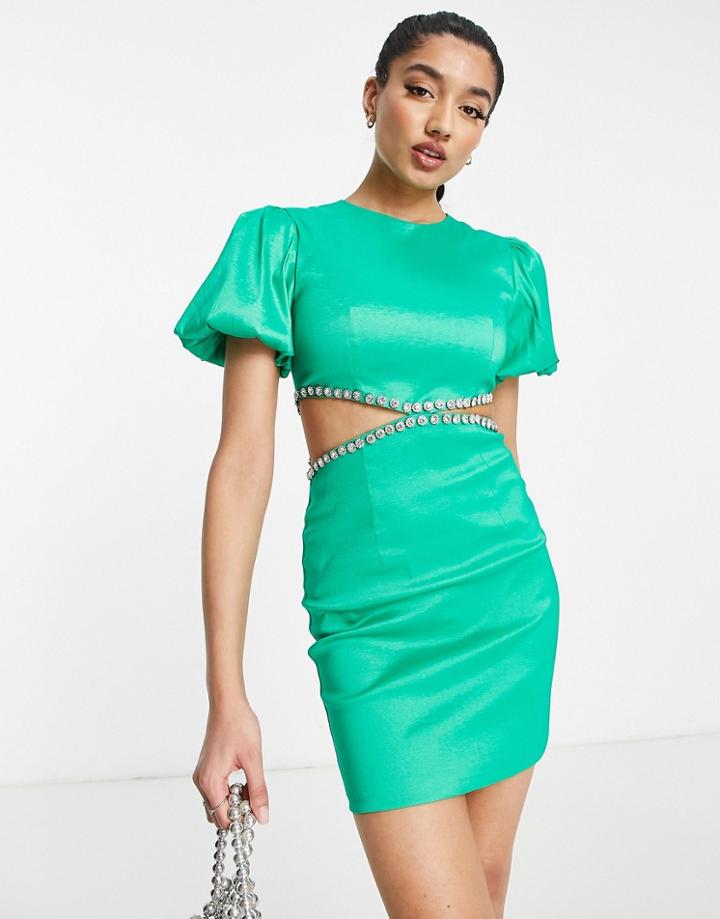 Band Of Stars Premium Puff Sleeve Cut-out Side Embellished Detail Mini Dress In Green