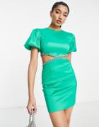 Band Of Stars Premium Puff Sleeve Cut-out Side Embellished Detail Mini Dress In Green