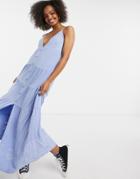 Asos Design Cami Maxi Button Front Sundress With Embroidery Detail In Blue-blues