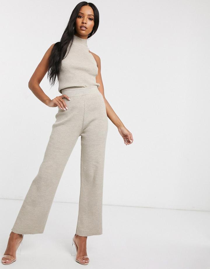 Fashionkilla Knitted Flare Pants Two-piece In Oatmeal-white
