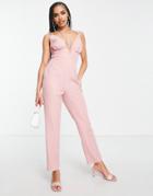 Asos Design Strappy Plunge Peg Leg Jumpsuit In Blush-neutral